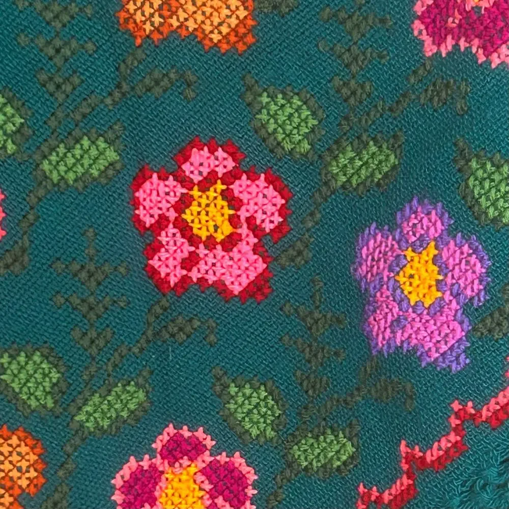 Vintage 70s Cross Stitch Floral Poncho Fringe Boho Folk Teal Cape Shawl -